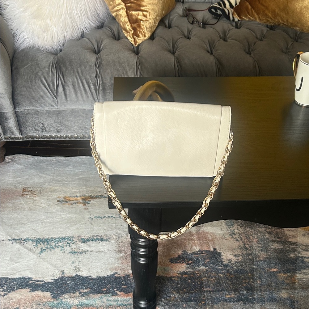 Elliott Lucca Cream Leather Clutch with Gold Chain - Picture 14 of 16